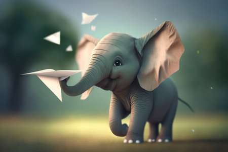 Watch the adorable little elephant make paper planes fly with his trunkの素材