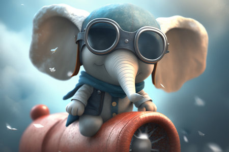 An adorable little elephant takes to the skies as a pilot in a plane, soaring above the clouds with a big smile on his face.の素材