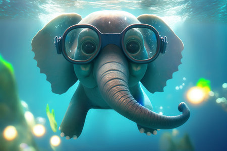 A cute little elephant explores underwater with a snorkel mask on, enjoying the beauty of the oceanの素材
