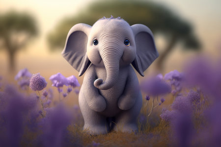 A sweet little elephant surrounded by a sea of lavender blooms.の素材