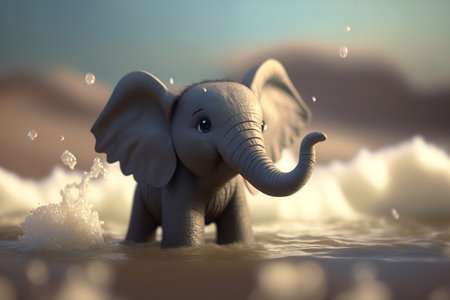 Watch this cute little elephant having fun and playing in the water as he splashes in the waves.の素材