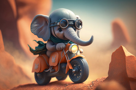 Join the ride with this cute little elephant as it goes on an adventurous motorcycle tripの素材
