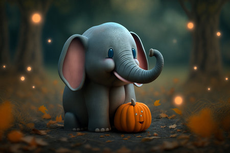This little elephant is ready for Halloween with a mini pumpkin in handの素材
