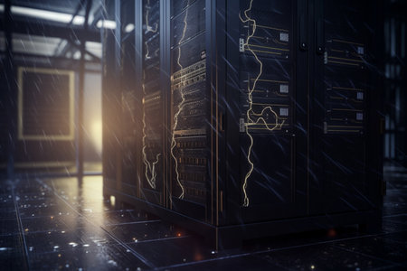 Experience the cutting-edge technology in this modern server room filled with rows of high-tech serversの素材