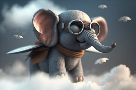 An adorable little elephant takes to the skies as a pilot in a plane, soaring above the clouds with a big smile on his face.の素材