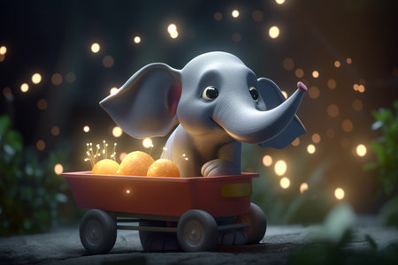 A cute little elephant is enjoying the harvest season in the garden, with a wheelbarrow full of fresh vegetables.の素材
