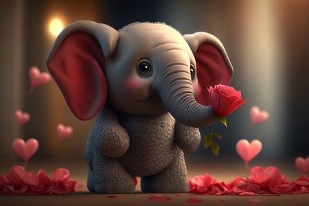 This cute little elephant is ready to spread some love this Valentine's Day with a bouquet of beautiful flowers.の素材