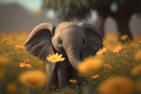 Adorable little elephant frolicking in a spring flower fieldの素材
