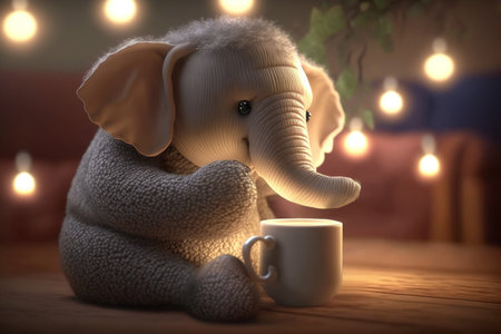 Adorable elephant sipping tea or cocoa in a comfy space, relaxing and enjoying the moment.の素材