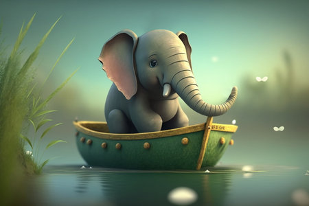 Adorable elephant relaxing in a small boat, peacefully drifting on a tranquil lake or pond.の素材