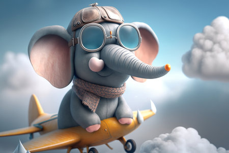 An adorable little elephant takes to the skies as a pilot in a plane, soaring above the clouds with a big smile on his face.の素材