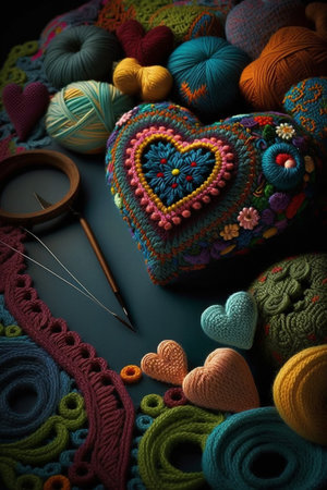 Handmade crochet heart and tools on a rustic wooden surfaceの素材