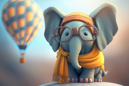 A playful elephant sporting specs enjoys a hot air balloon ride with a flying balloon in the backdropの素材