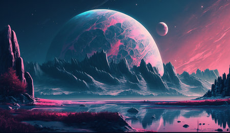 Discover a world beyond imagination - a pink alien planet with a huge moon in the distance. What secrets lie on this mysterious worldの素材