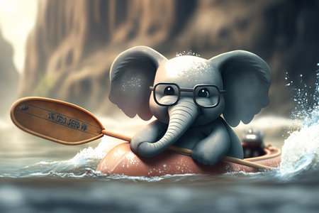 Join the adventure with this little elephant as he navigates the rapids and waves of a river in his trusty kayakの素材