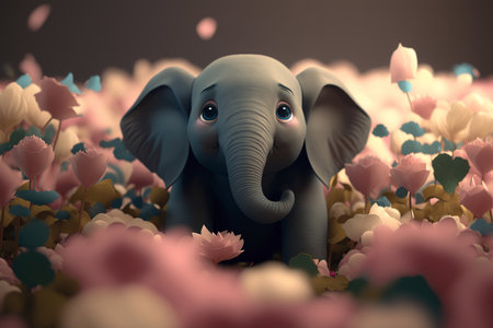 A delightful scene of a little elephant enjoying a stroll in a field filled with beautiful, blooming roses.の素材
