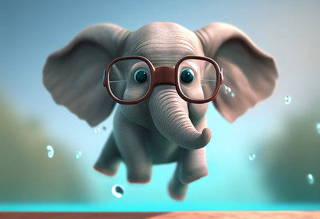 A playful little elephant wearing glasses jumps into the water with joy and enthusiasm.の素材