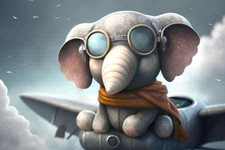 An adorable little elephant takes to the skies as a pilot in a plane, soaring above the clouds with a big smile on his face.の素材