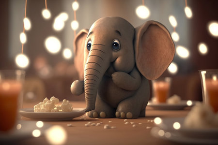 A cute little elephant happily munching on popcorn from a plateの素材
