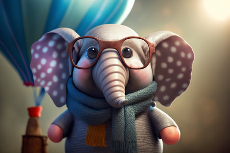 A playful elephant sporting specs enjoys a hot air balloon ride with a flying balloon in the backdropの素材