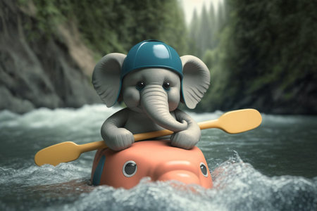 Join the adventure with this little elephant as he navigates the rapids and waves of a river in his trusty kayakの素材