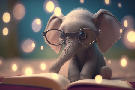 A cute little elephant wearing glasses is sitting down and reading a book, looking very focused and engaged in the story.の素材