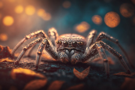 A detailed and realistic drawing of a wolf spider insect, shown in close-up to reveal its intricate features and textures.の素材
