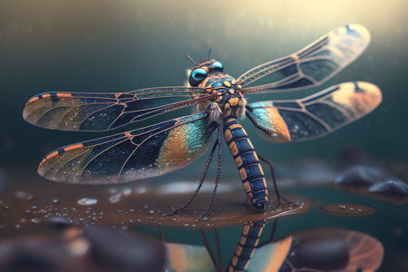 Detailed artwork depicting a lifelike insect resembling a dragonfly, in a magnified close-up view.の素材
