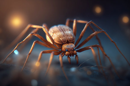 This hyper-realistic illustration depicts a spider-like insect resembling a brown recluse spider, magnified to show intricate details.の素材