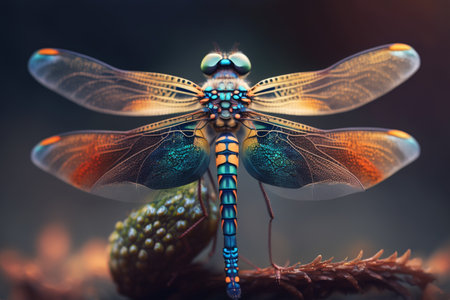 Detailed artwork depicting a lifelike insect resembling a dragonfly, in a magnified close-up view.の素材