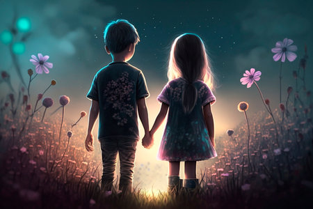 Illustration of a little boy and girl in a fantasy world holding hands from behind AI generated meadow flowersの素材