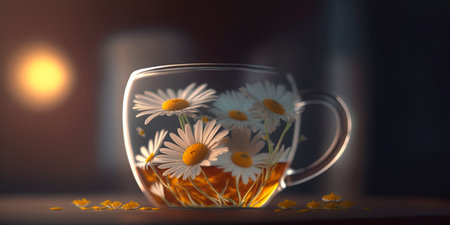A beautifully illustrated glass jar filled with delicate chamomile flowers.の素材