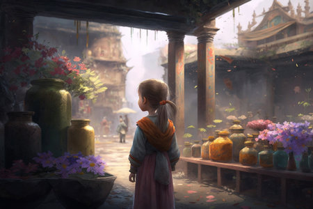 A charming little girl surrounded by a variety of colorful flowers at a rustic countryside flower stand, creating a mystical, magical and enchanting atmosphere.の素材