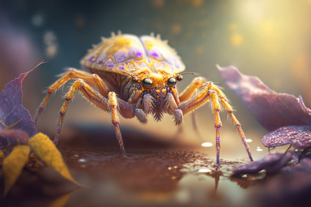 This hyper-realistic illustration showcases a crab spider-like insect in a stunning enlarged close-up, revealing intricate details of its body and features.の素材