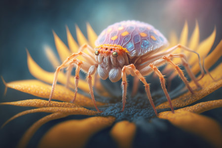 This hyper-realistic illustration showcases a crab spider-like insect in a stunning enlarged close-up, revealing intricate details of its body and features.の素材