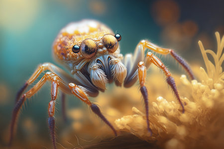 This hyper-realistic illustration showcases a crab spider-like insect in a stunning enlarged close-up, revealing intricate details of its body and features.の素材