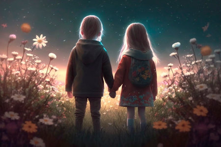 Illustration of a little boy and girl in a fantasy world holding hands from behind AI generated meadow flowersの素材