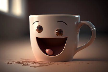 Illustration of a happy smiling funny coffee or tea mug AI generatedの素材