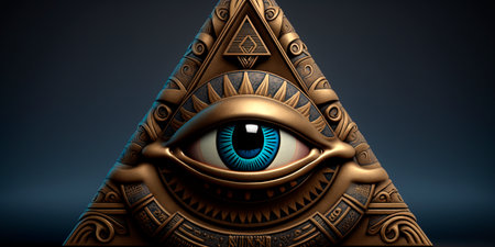 An illustrated depiction of the iconic all-seeing eye of the Illuminati set within a triangle.の素材