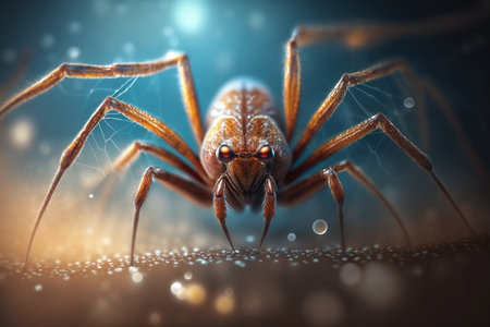 This hyper-realistic illustration depicts a spider-like insect resembling a brown recluse spider, magnified to show intricate details.の素材