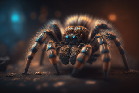 A hyperrealistic illustration of a tarantula insect, magnified in close-up view, showing intricate details of its body and features.の素材