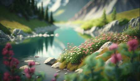 Escape to this picturesque paradise - a tranquil turquoise lake nestled amidst mountainous terrain surrounded by vibrant green meadows and a rainbow of blossoming wildflowersの素材