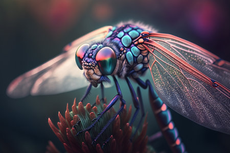 Detailed artwork depicting a lifelike insect resembling a dragonfly, in a magnified close-up view.の素材