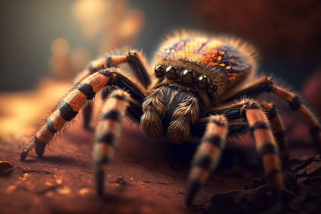 A hyperrealistic illustration of a tarantula insect, magnified in close-up view, showing intricate details of its body and features.の素材