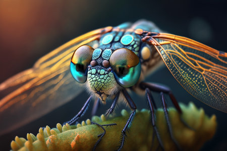 Detailed artwork depicting a lifelike insect resembling a dragonfly, in a magnified close-up view.の素材