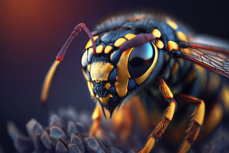 Detailed illustration of a wasp-like insect in hyperrealistic style, with a close-up view highlighting its features and intricate details.の素材