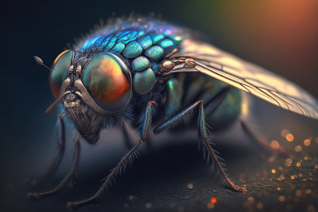 A stunning and detailed illustration of a fly-like insect with a hyper-realistic finish in an extreme close-up shot.の素材