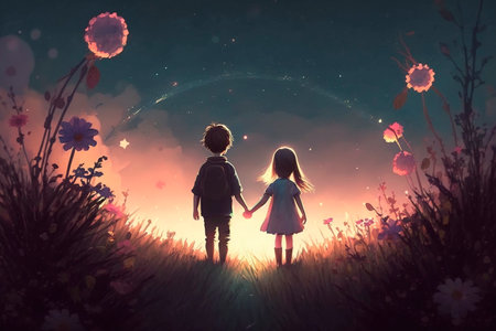 Illustration of a little boy and girl in a fantasy world holding hands from behind AI generated meadow flowersの素材