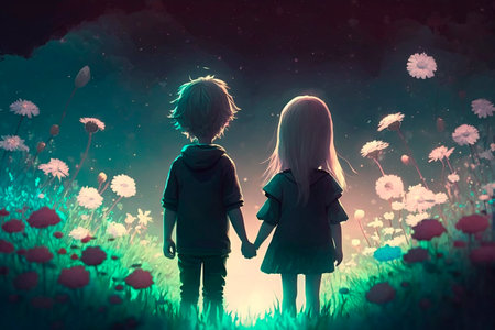 Illustration of a little boy and girl in a fantasy world holding hands from behind AI generated meadow flowersの素材