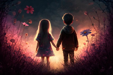 Illustration of a little boy and girl in a fantasy world holding hands from behind AI generated meadow flowersの素材